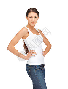 穿着白白白色T恤衫的笑着微笑的少女青少年空白青年衬衫学生女性女士快乐漂亮的高清图片素材