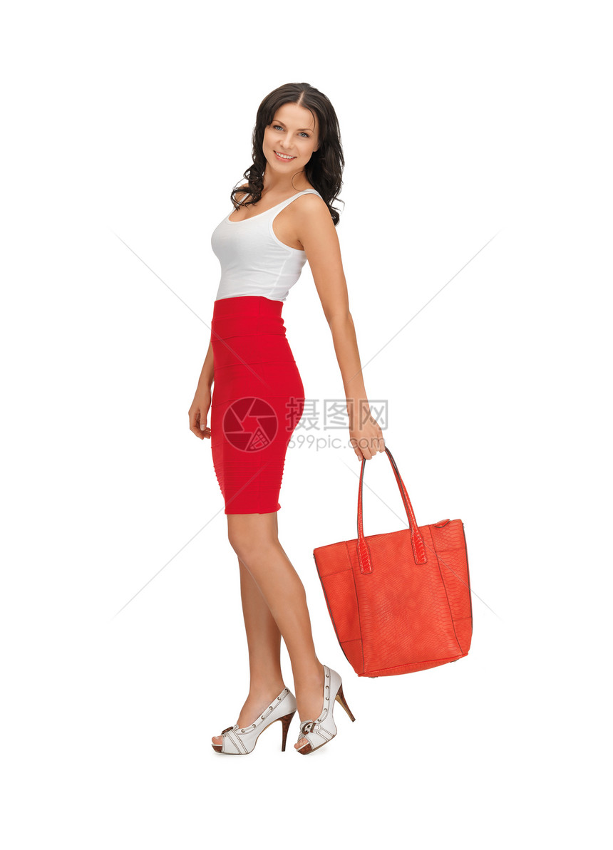 妇女穿着包装裙子快乐工作室宝贝成人姿势手提包女孩女性微笑图片