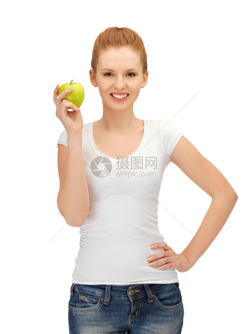 使用绿苹果的少女食物女性衬衫饮食女孩水果维生素卫生保健早餐图片
