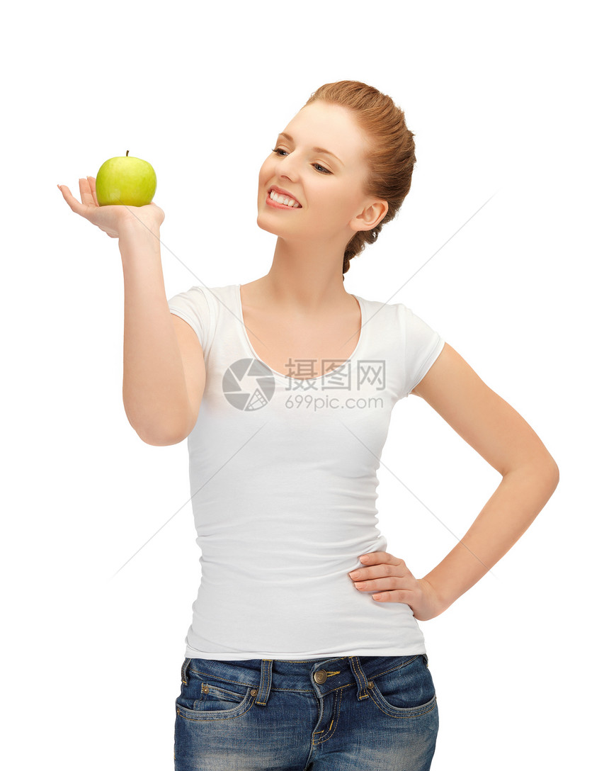 使用绿苹果的少女活力卫生饮食维生素早餐营养青少年女性保健微笑图片