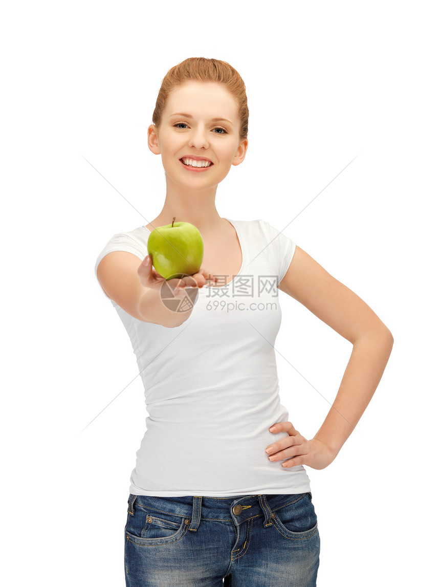使用绿苹果的少女微笑营养女性饮食活力青年衬衫女孩卫生保健图片