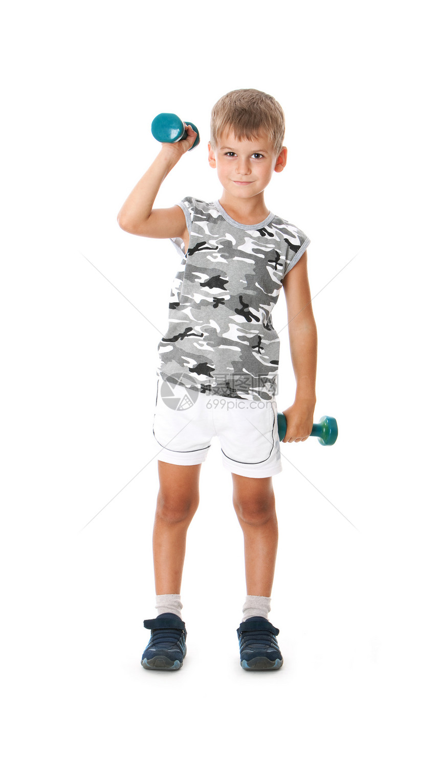 有哑铃的男孩幸福白色运动竞赛青年休闲行动健康头发活动图片