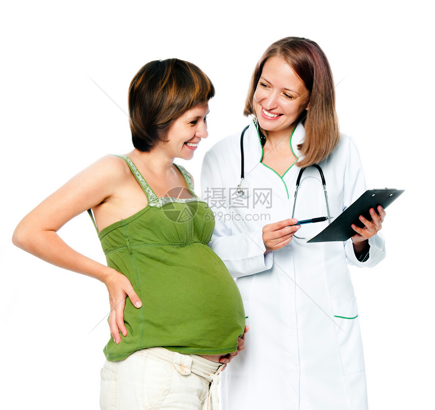 与孕妇一起看医生卫生怀孕保健腹部医院临床女士讨论母性女性图片
