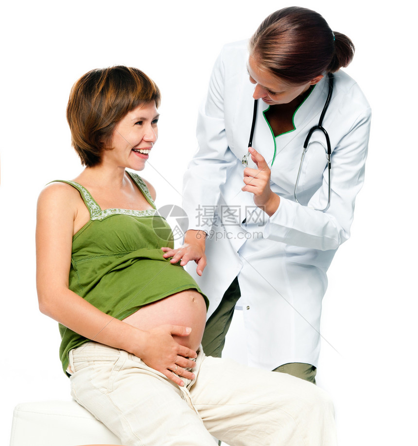 与孕妇一起看医生病人临床医疗肚子腹部微笑女士女性母亲卫生图片
