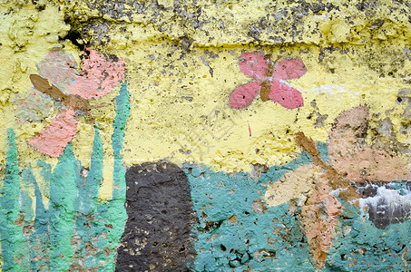 带蝴蝶的混凝土墙彩色涂料艺术古董材料涂鸦城市昆虫墙纸装饰品框架街道背景图片