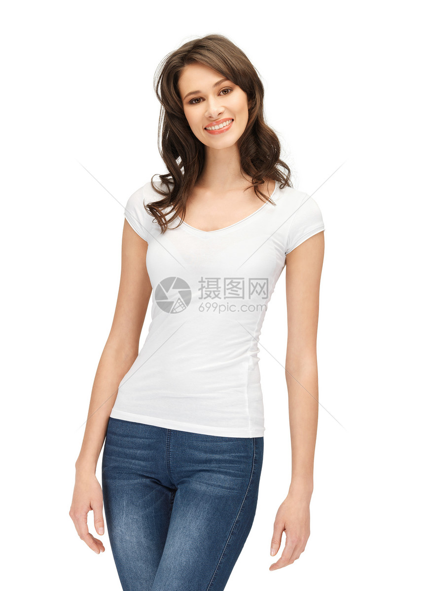 穿着白白白色T恤衫的笑着微笑的少女女士女性青少年学生青年空白快乐衬衫图片