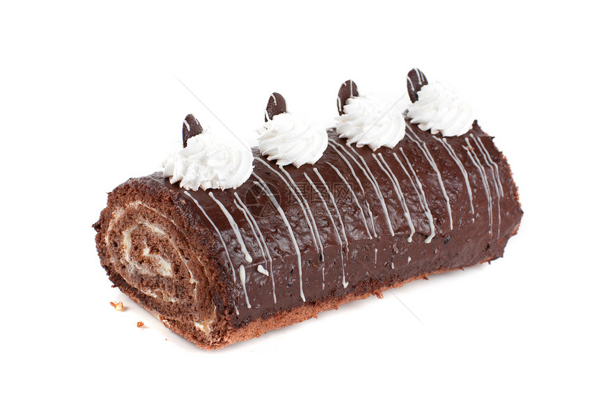 巧克力瑞士卷食物日志磨砂奶油海绵糖果鞭打树叶蛋糕糕点图片