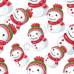 可爱的笑脸雪人 红色围巾和绿色帽子 在白色背景背景图片