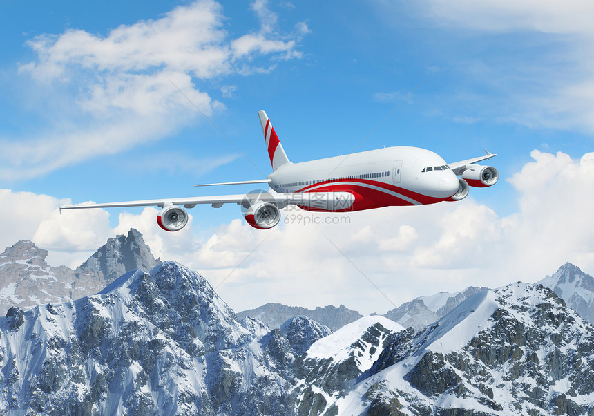 高山上空的白色客机土地奢华顶峰风景航空空气高度晴天翅膀涡轮图片