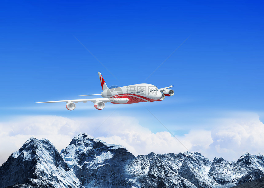 高山上空的白色客机涡轮晴天风景蓝色阳光冰川天线空气奢华顶峰图片