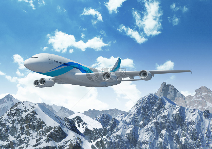 高山上空的白色客机喷射机身飞机假期冰川太阳晴天天线航空涡轮图片