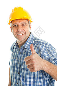 身戴硬帽子的工人木匠修理工安全建设者管道男人工匠安全帽衬衫建筑大拇指高清图片素材