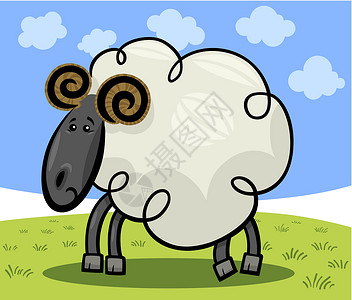 山羊或绵羊的漫画插图火元素羊肉财富草地绘画涂鸦牧场内存哺乳动物天空背景图片