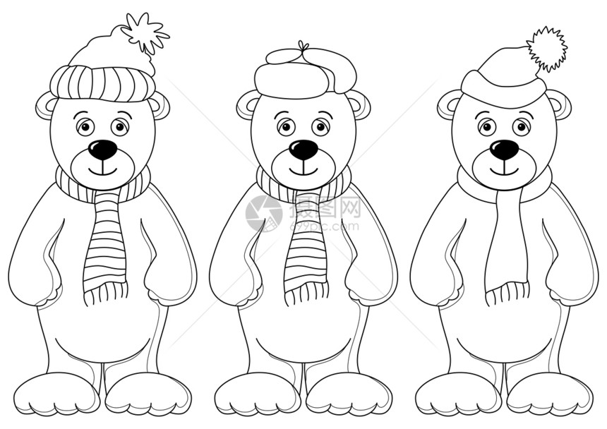 泰迪熊穿着冬装 轮廓友谊卡通片童年朋友幼兽黑与白幼崽绘画捕食者玩具图片