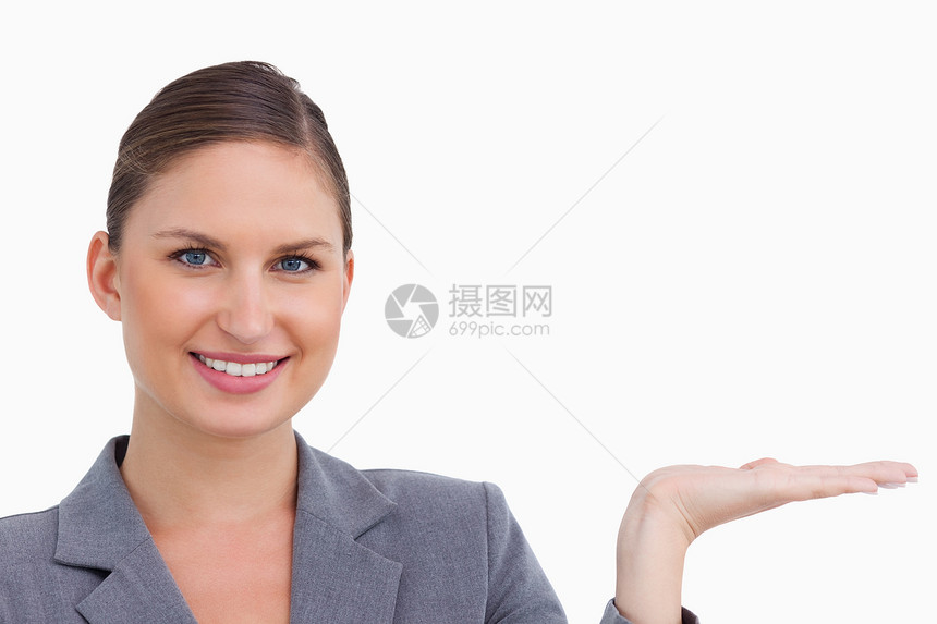 紧贴着微笑的女商务人士举起手掌人士手臂商务姿势手势女士公司商业空白棕榈图片