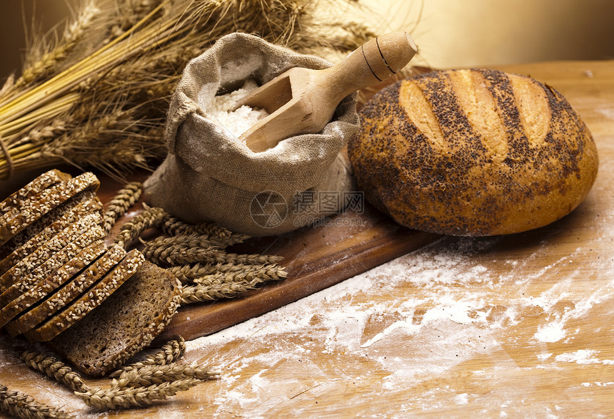 面粉和传统面包面包师食物农业谷物早餐酵母包子小麦纤维种子图片