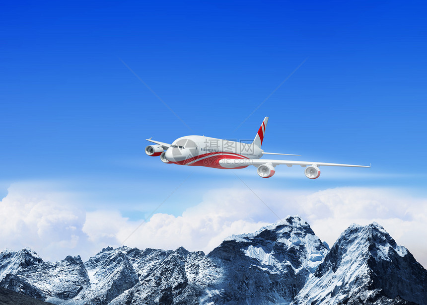 高山上空的白色客机高度旅游飞机太阳运输翅膀喷射地形空气晴天图片