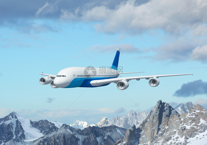 高山上空的白色客机高度太阳旅游顶峰蓝色机身翅膀晴天地平线旅行图片