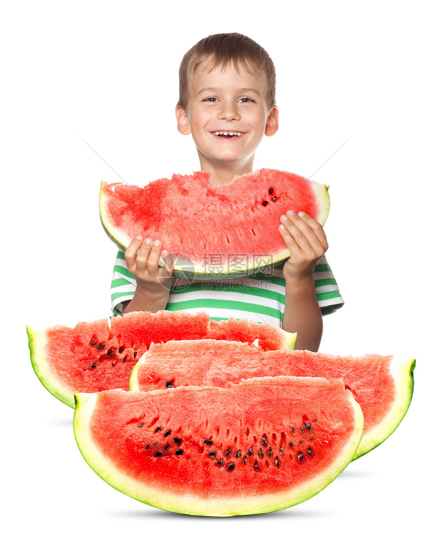 男孩拿着西瓜微笑眼睛小吃男生种子水果食物童年衣服快乐图片