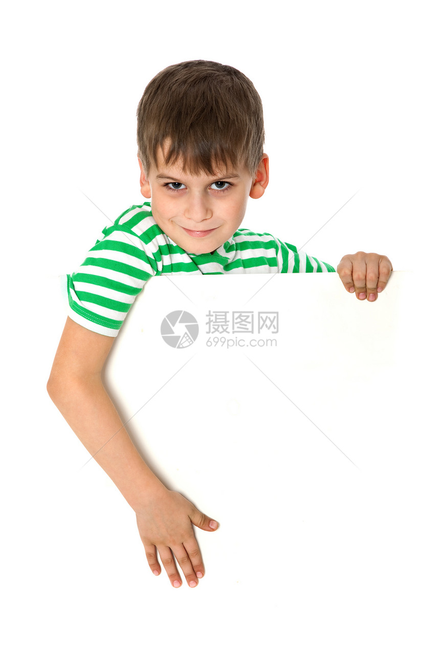 男孩拿着横幅衣服标语手臂推介会白色教育海报框架幸福广告图片