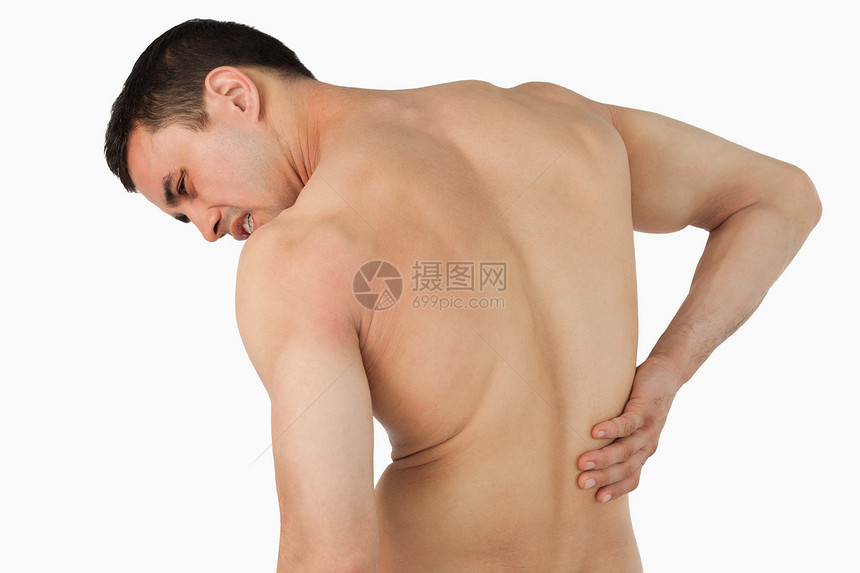 对男性背部疼痛的反视白色颈椎脊柱混血儿躯干痛苦疾病身体药品紧张图片