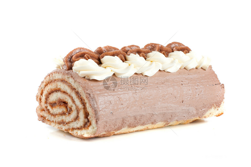 巧克力瑞士卷糕点鞭打树叶烹饪日志糖果食物蛋糕磨砂甜点图片