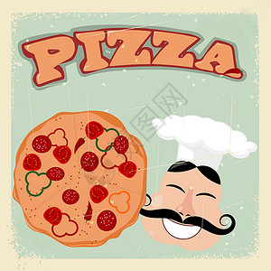 披萨店传单配有披萨和烹饪品的旧明信片eps10香肠背景标签广告品牌复古意大利语横幅插图图案背景