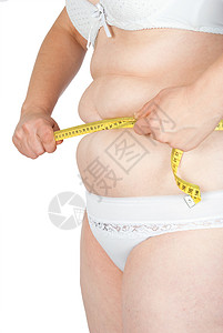 胖女人的胃部测量磁带橘皮身体贪食症女性皮肤饮食组织厘米美女背景图片
