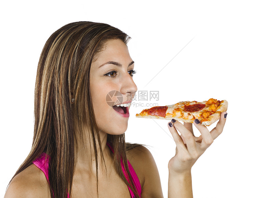 女孩吃比萨饼服装青少年浇头休闲饮食吃饭育肥食物摄影贪婪图片