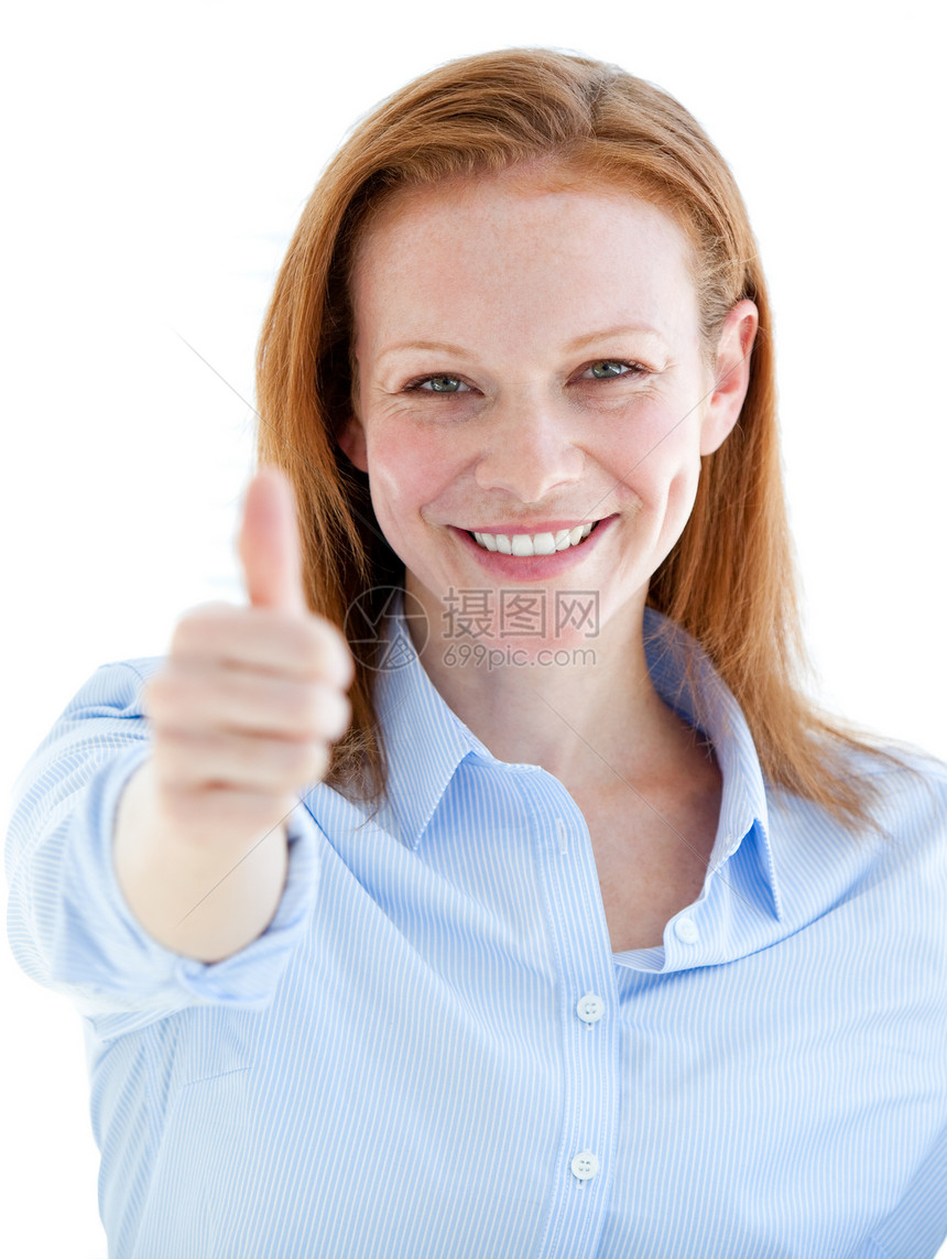 自我保证的女商务人士 做一个大拇指图片