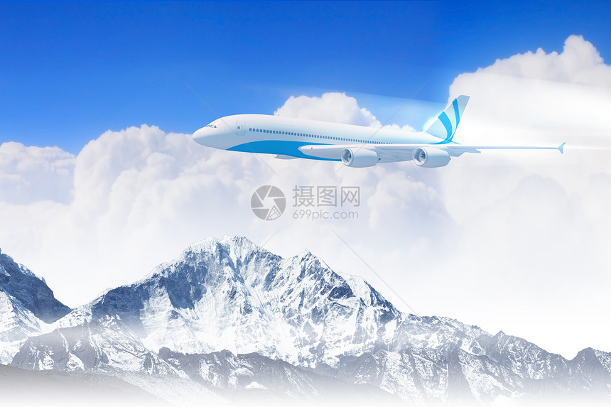 高山上空的白色客机晴天蓝色空气地形风景运输阳光高度旅游航班图片