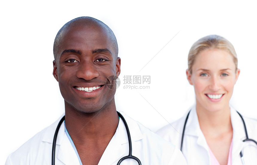 两个快乐的医生的肖像职业卫生护士成人工人工作诊所女孩男性男人图片