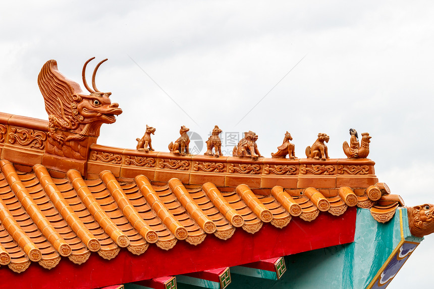 中国神庙屋顶 龙头雕塑在Th的屋顶上图片
