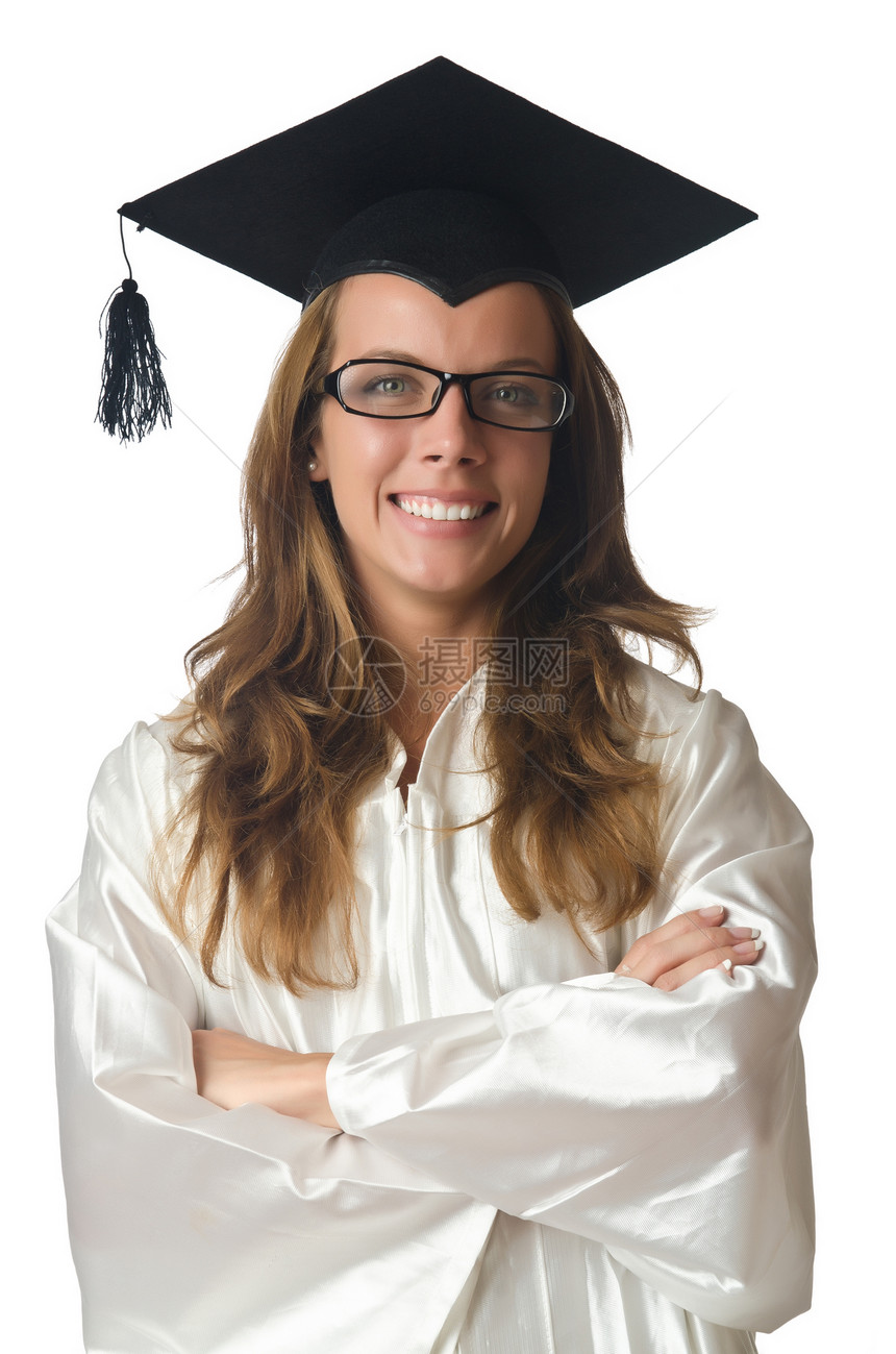 获得白人文凭的青年学生大学庆典教育快乐学习学校成人木板女性砂浆图片