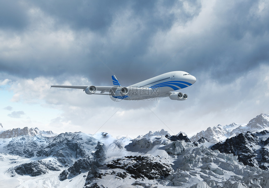 高山上空的白色客机地平线阳光机身涡轮旅行冰川奢华空气土地翅膀图片