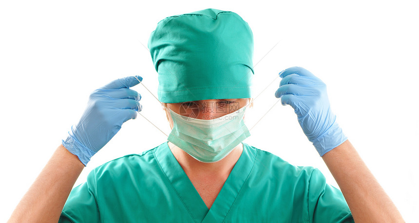 戴上外科面具男人诊所橡皮测试医生手套乳胶医疗保健卫生图片