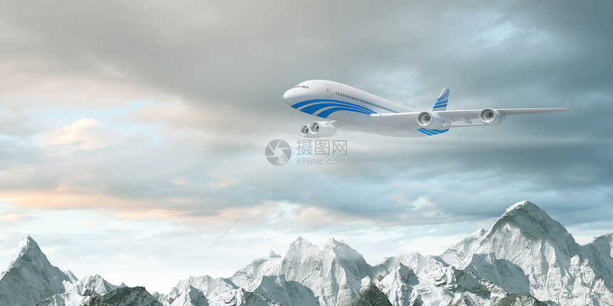 高山上空的白色客机蓝色奢华高度喷射涡轮空气飞机旅行太阳地平线图片
