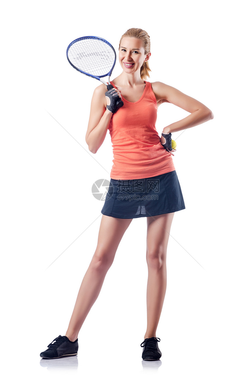 妇女打白网球女孩青年闲暇球拍乐趣女性姿势黑发游戏运动员图片