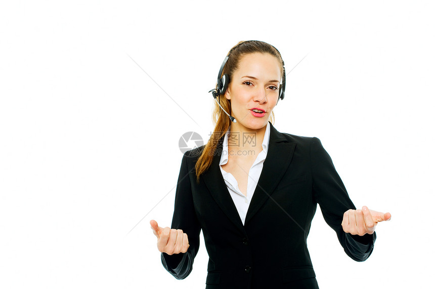 白背景工作室有耳头的年轻女商务人士运营商工作女性工具员工雇员长发麦克风耳机棕色图片