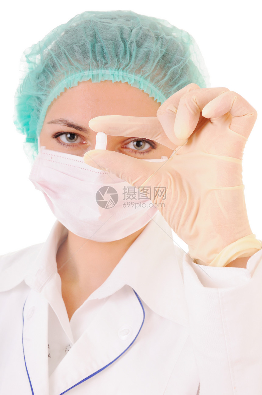 使用平板药片的医生成人工人保健职业乳胶手套眼睛面具医疗水平图片