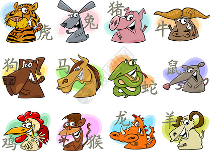 八字中国卡通 zodiac 符号算命生物天文学老虎兔子内存宠物野兔快乐日历插画