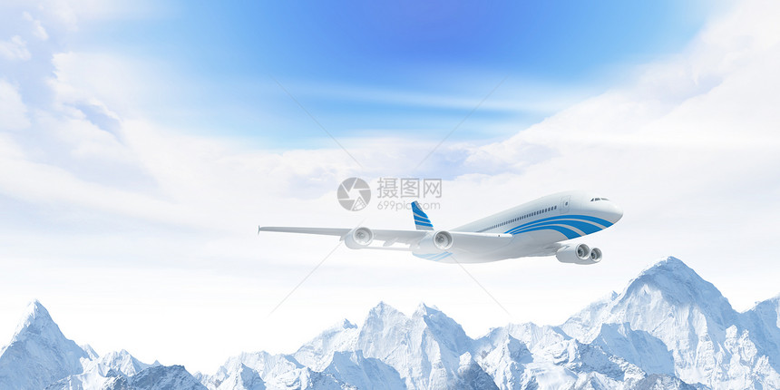 高山上空的白色客机喷射翅膀航班旅游土地蓝色太阳奢华天线旅行图片