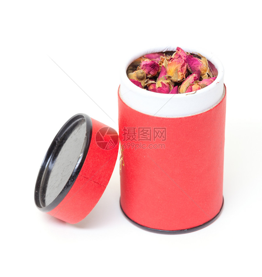 红罐里有干洗的玫瑰霜玫瑰草本红色粉色白色植物饮料花香草本植物花瓣图片