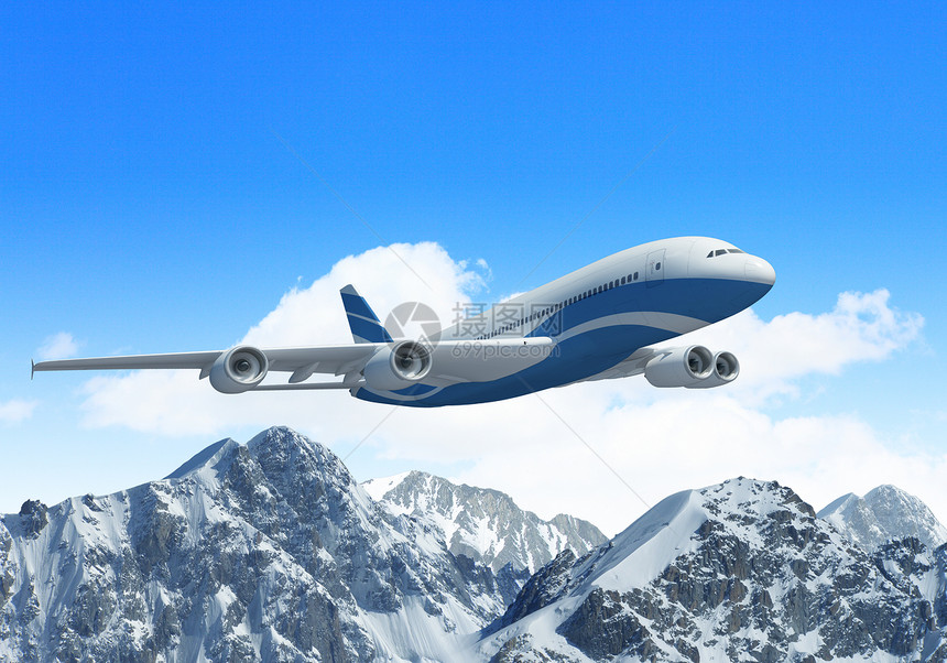 高山上空的白色客机高度天线顶峰航班机器奢华蓝色机身运输旅游图片