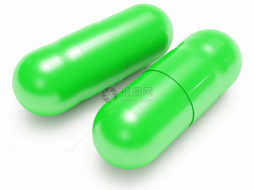 两片闪亮绿药丸医用胶囊药剂处方卫生疾病药店绿色止痛药药品疼痛帮助图片