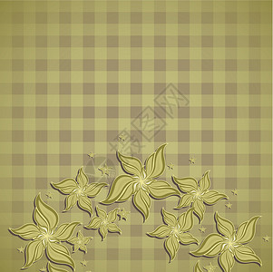 带有方形和鲜花的背景棕色漩涡艺术被子黄色边界绿色纺织品金子网格背景图片