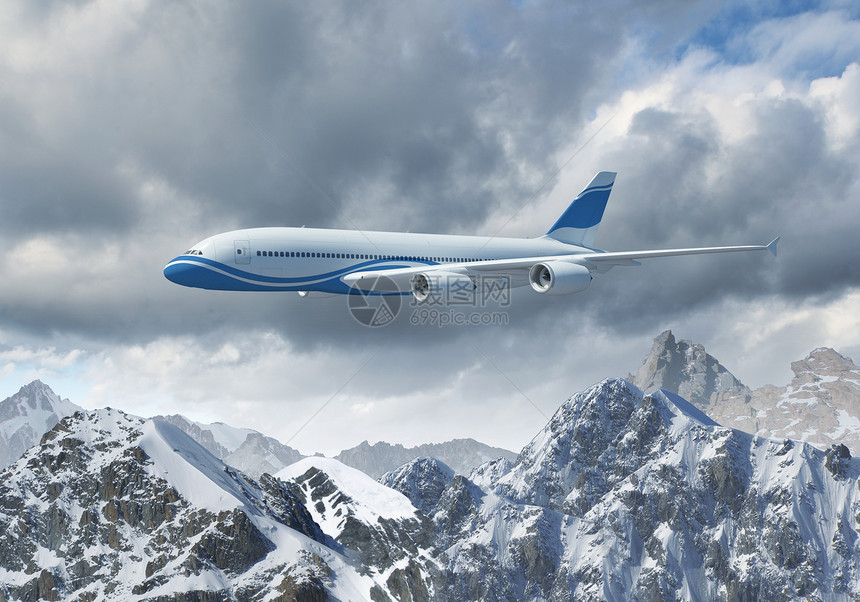 高山上空的白色客机高度顶峰空气假期机器涡轮地形旅行太阳土地图片