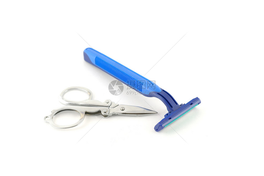 剃须和指甲剪刀头发刀刃蓝色白色刨花团体剃刀工具剪发美丽图片