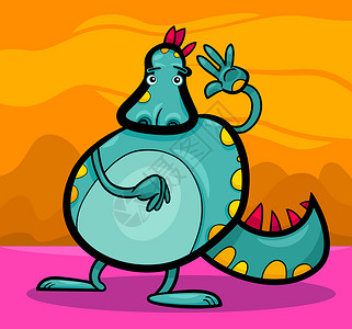 卡通龙 有趣的幻想动物快乐童话生物插图爬虫怪物涂鸦粉色绘画橙子背景
