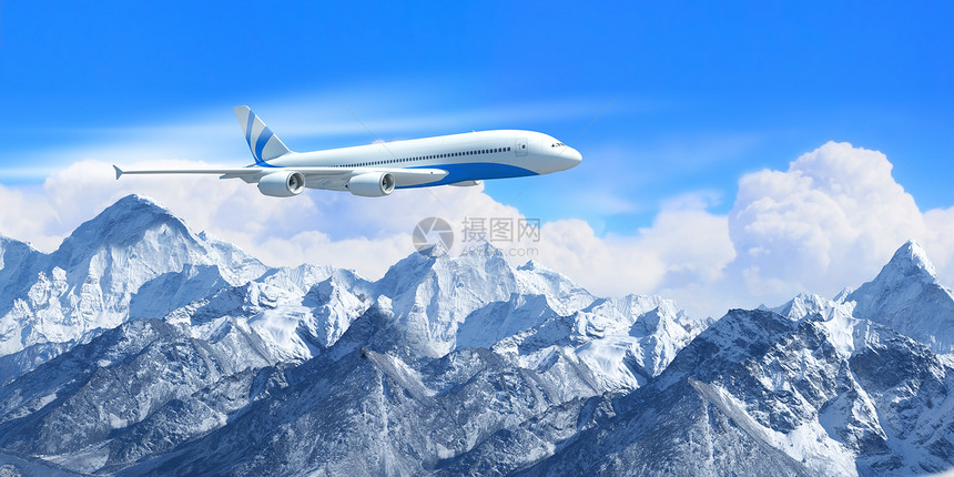 高山上空的白色客机飞机机器蓝色地形顶峰涡轮阳光喷射奢华空气图片